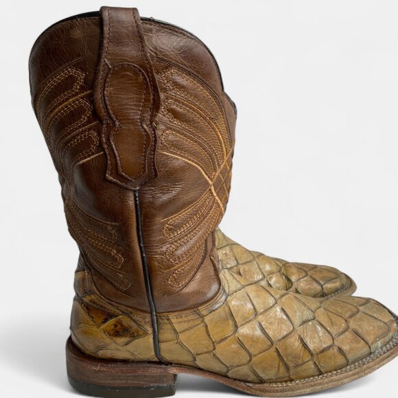 Reywelt Leather Square Toe Pirarucu Fish Pattern Western Cowboy Boots Men's 7.5 - Picture 2 of 13